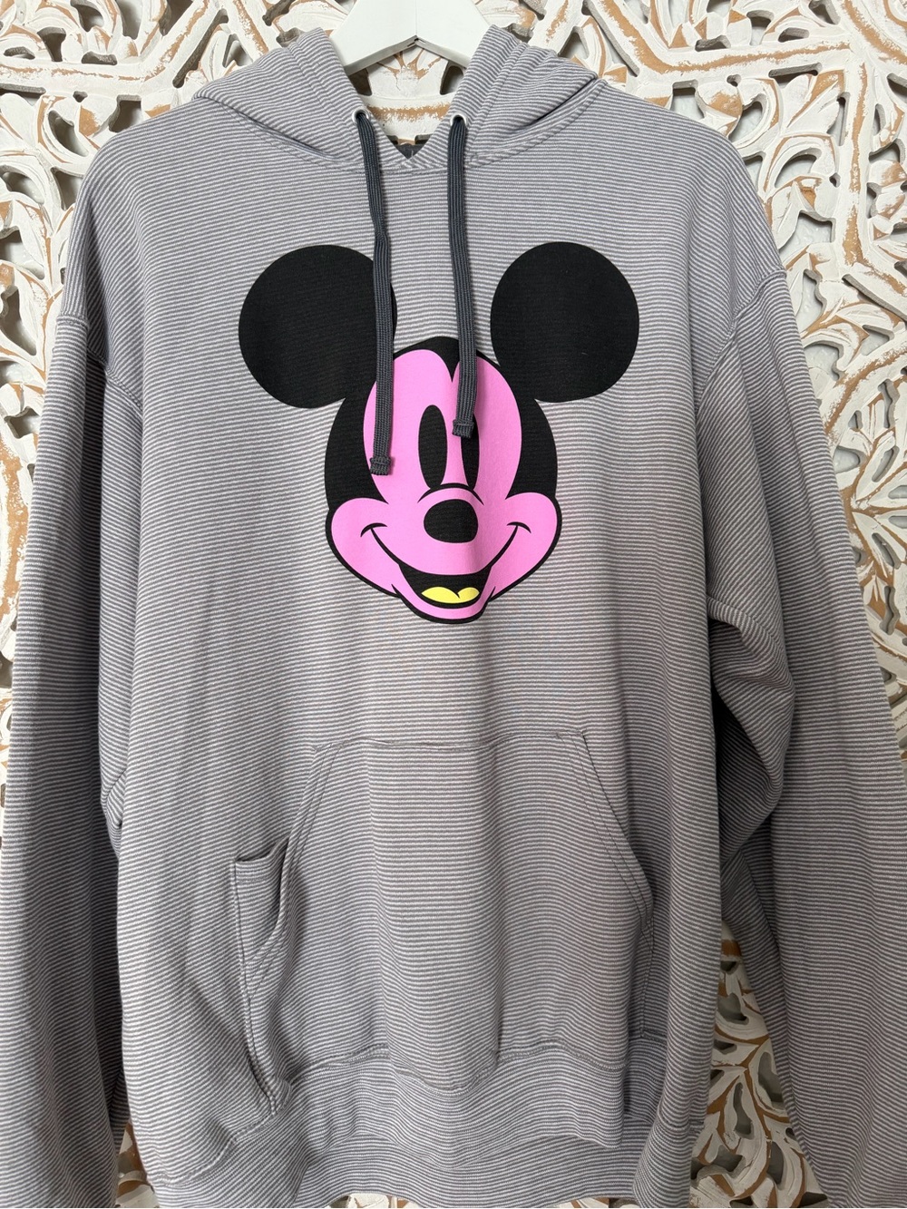 Disney Gray Stripe Hoodie Sweatshirt with Purple Mickey Face